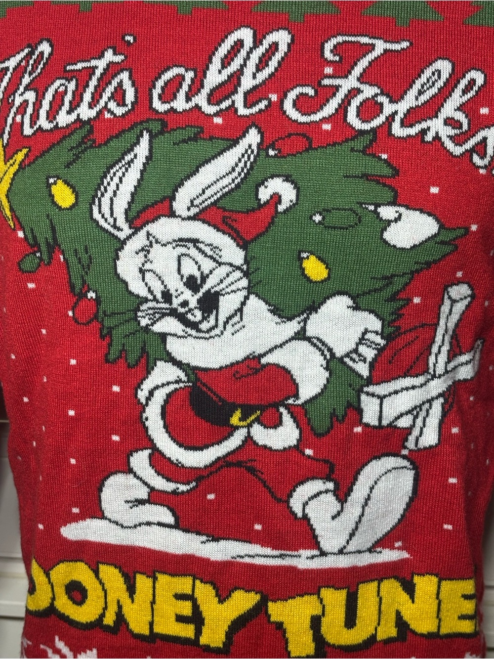 Warner Bros. Red Holiday Crewneck Sweater with Bugs Bunny Men’s M